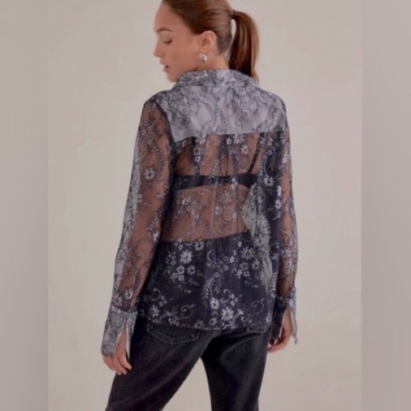 Anthropologie Maeve Womens Button Down Blouse‎ Black XS lace sheer NWT - Picture 3 of 14